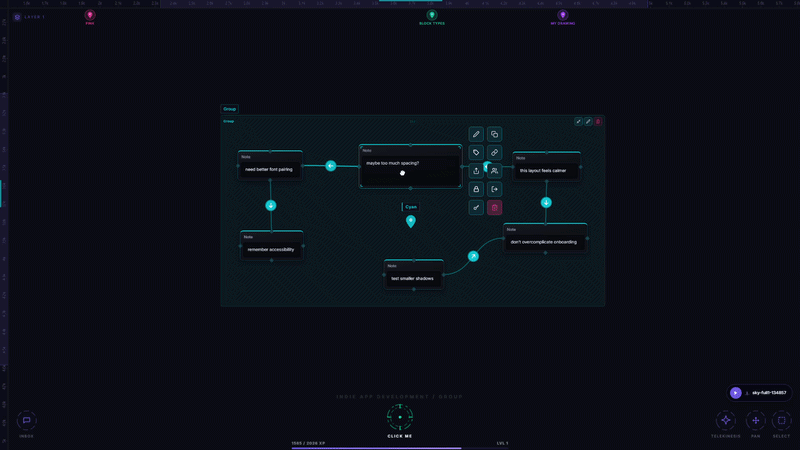 A block being clicked on the canvas, opening a floating editor panel that moves independently across the viewport while the canvas stays visible behind it